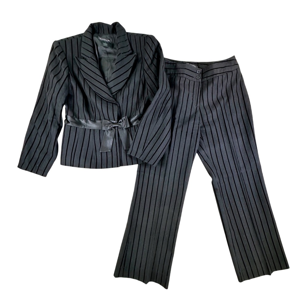 Harolds Womens Black Wool Pinstripe Pant Suit Blazer 8 Pants 6 0744BIH